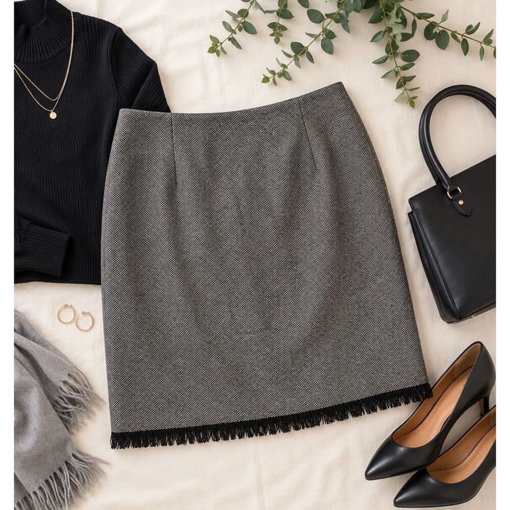 J. Jill Wool Blend Skirt Womens 10 Gray Black Tweed Fringe Hem Lined Career